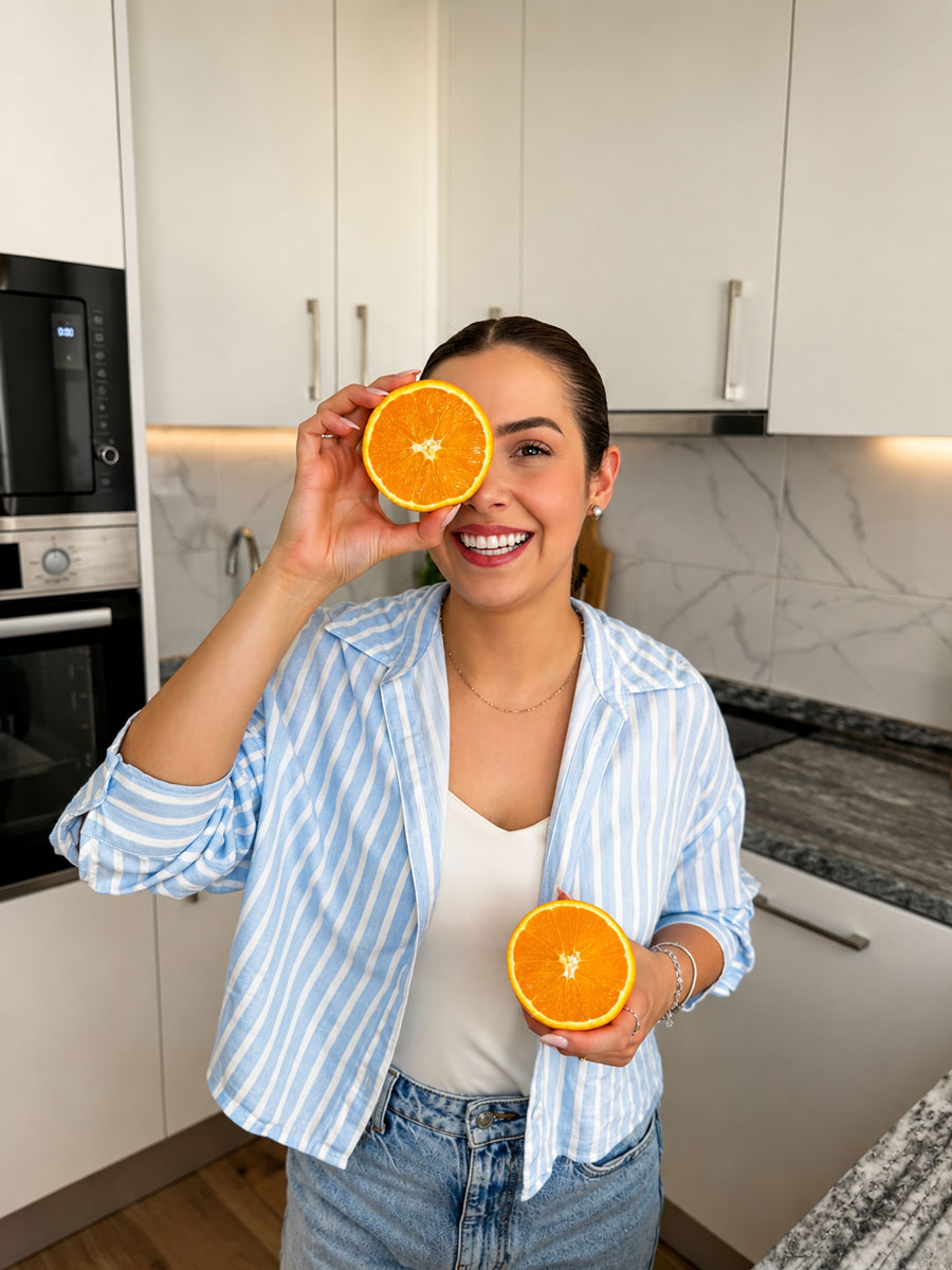 A treinadora está a posar com uma laranja.